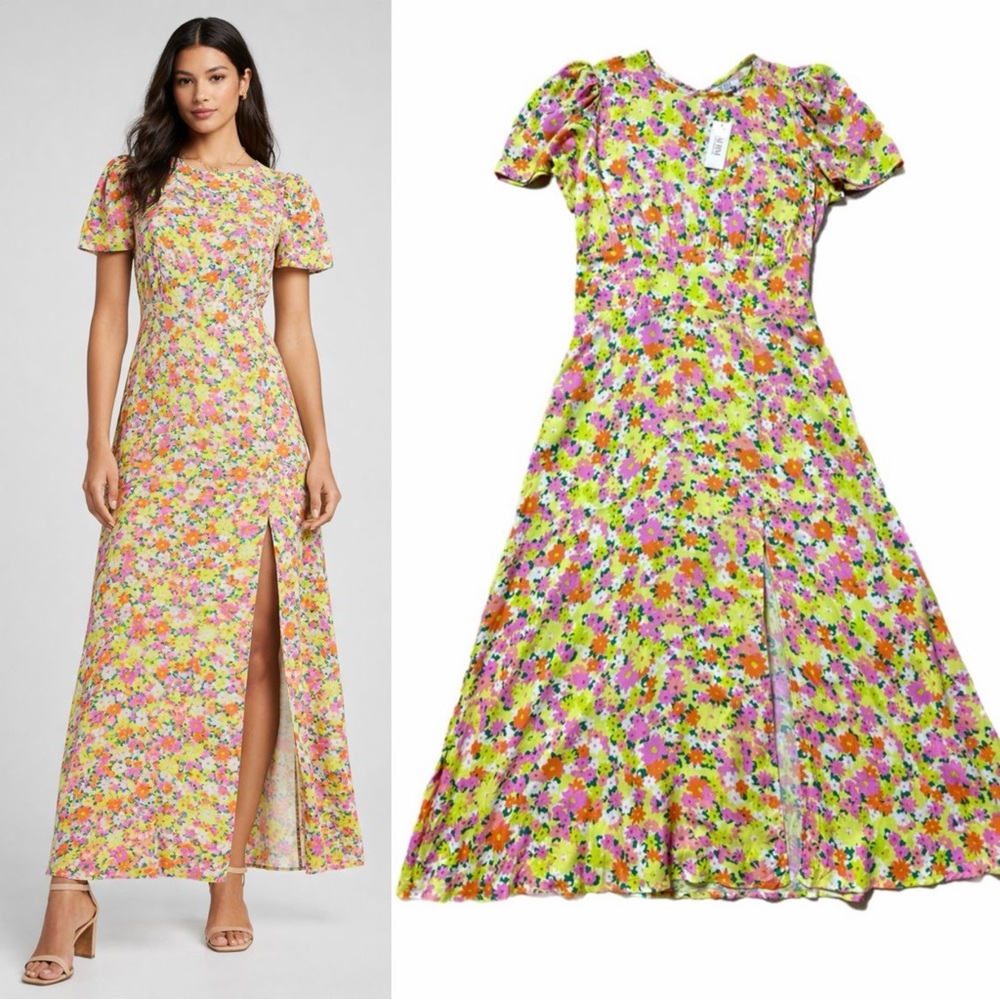 Floral Maxi Dress with Split in Pink and Yellow